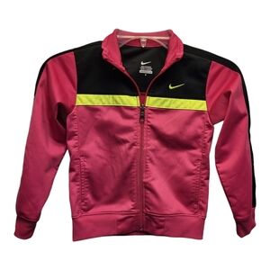 Nike Kids Vibrant Pink and Black Jacket with Yellow Stripe - Size 6